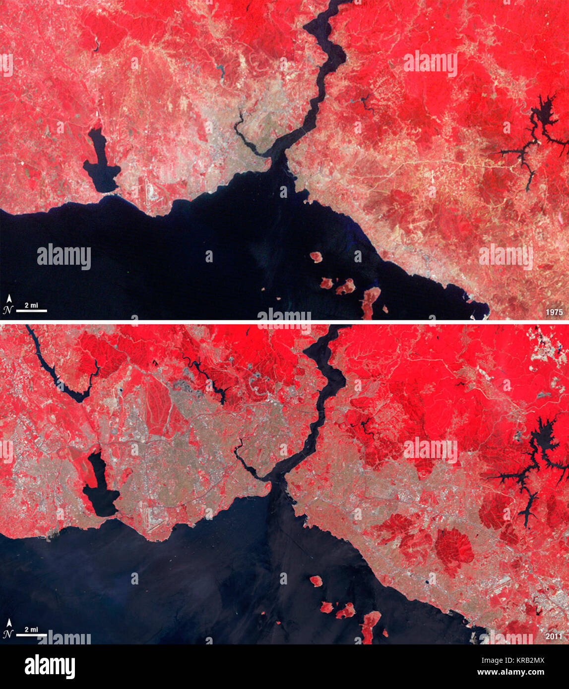Istanbul hat einen lebhaften Handel Stadt seit Tausenden von Jahren. In diesem 1975 Bild, von Landsat, die Zentren auf das Goldene Horn, die in der Mündung des Bosporus Gerade fließt in der Mitte der Szene. In der falschen Farbe angezeigt, die Vegetation ist rot, die städtischen Gebiete sind Grau, und Wasser erscheint schwarz. Eine Brücke, die 1973 erbaute der Asiatischen und Europäischen Seiten von Istanbul zu verbinden ist kaum sichtbar. Von 2011, der Istanbuler Bevölkerung hatte von 2 bis 13 Millionen Menschen explodierte, und die Stadt hat durch eine dramatische Expansion gegangen. Diese Landsat 5 Bild zeigt dicht gepackten städtischen Gebieten entlang der S Stockfoto