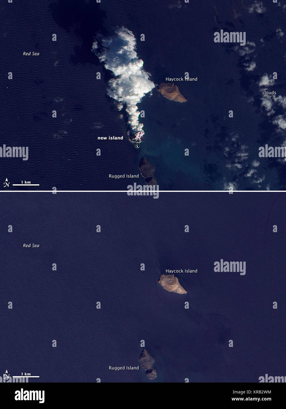 Bild oben: erworben am 23. Dezember 2011. Bild unten: 24. Oktober 2007 ein Ausbruch war im Roten Meer im Dezember 2011. Nach Pressemeldungen, Fischer erlebt Lavafontänen erreichen bis zu 30 Meter (90 Fuß) hoch am 19. Dezember. Die Moderate Resolution Imaging Spectroradiometer (MODIS) auf der NASA-Satelliten Terra und Aqua beobachtet Federn am 20. Dezember und 22. Dezember. Inzwischen hat sich die Ozone Monitoring Instrument (OMI) auf der NASA-Aura Satelliten erkannt erhöhte Niveaus von Schwefeldioxid, weitere Angabe einer Eruption. Die Aktivität im Roten Meer enthalten mehr als ein Ausbrechen Stockfoto