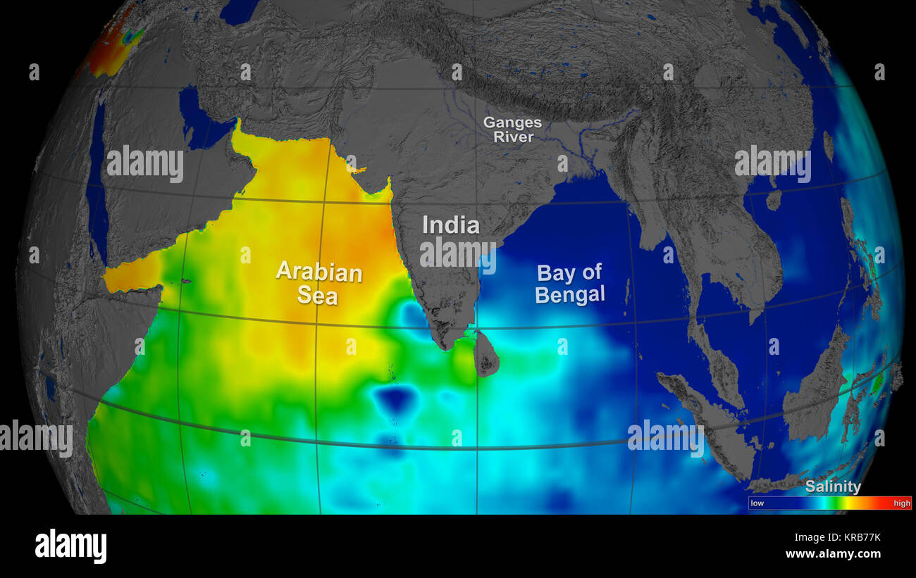 Die Analyse der ersten NASA-Wassermann instrument Jahr der globalen Salzgehalt Daten zeigen, dass die benachbarten Gebiete der Ozean sehr unterschiedliche Eigenschaften haben kann: das Arabische Meer gelegen, gegen die trockenen Naher Osten, scheint viel salziger als die angrenzenden Golf von Bengalen, die durch die intensiven Monsunregen geduscht wird und erhält Süßwasser-Ableitungen aus dem Ganges und anderen großen Flüssen. Start Juni 10, 2011, an Bord der Argentinischen Raumfahrzeug Wassermann/Satélite de Aplicaciones Científicas (SAC)-D, Wassermann ist die NASA-ersten Satelliten Instrument speziell für die Salz con zu studieren Stockfoto