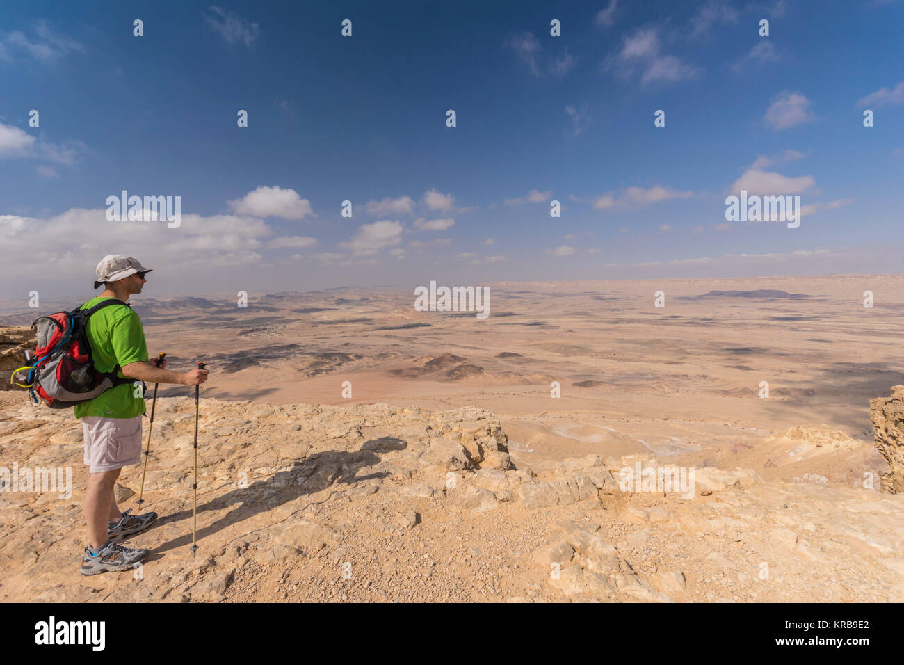 Mount Ardon, Ramon Krater, Deset Negev, Israel. Ein Mann sieht die Landschaft des berühmten Ramon Krater (Unesco Weltkulturerbe) Stockfoto