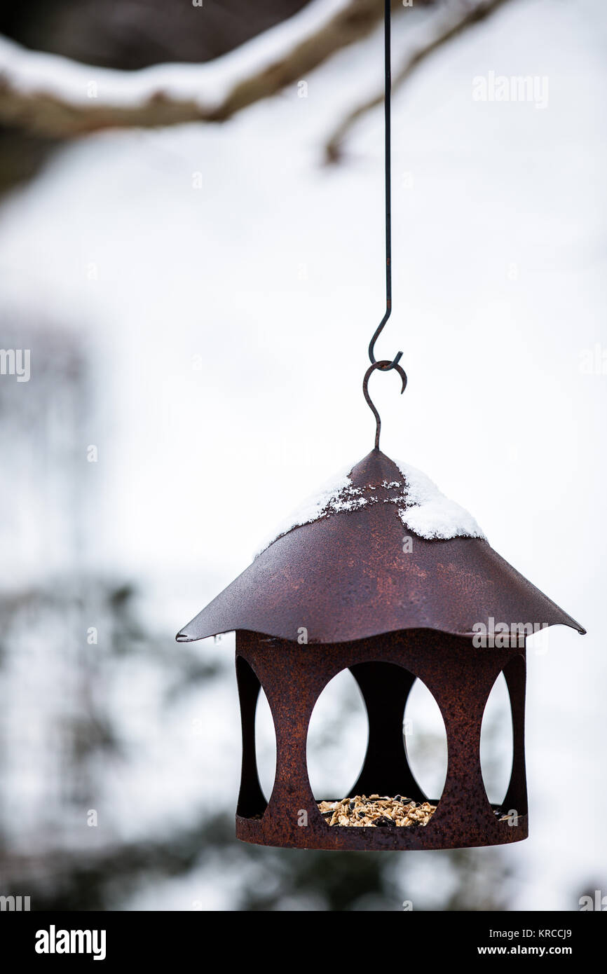Bird House hängt am Baum Vögel helfen im Winter zu überleben Stockfoto