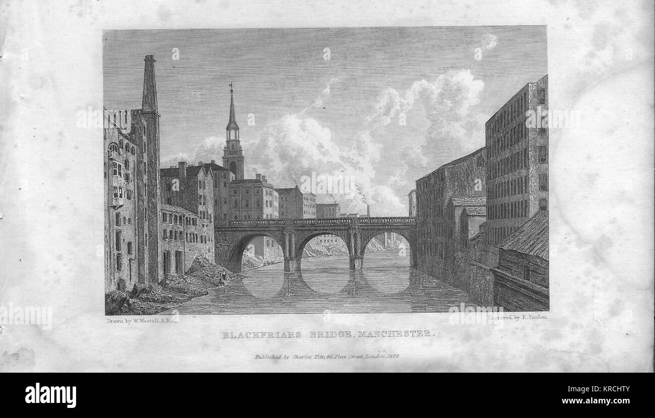 19. jahrhundert Kupferstich von 1829, Blackfriars Bridge, Manchester, England, Großbritannien gezeichnet von W. Westall Stockfoto