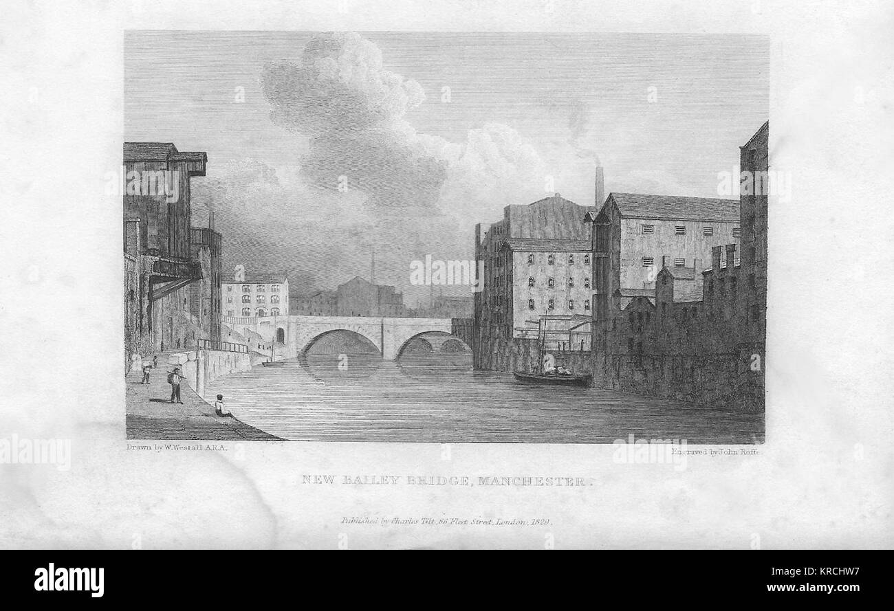 19. jahrhundert Kupferstich von 1829, Neue Bailey Brücke, Manchester, England, Großbritannien gezeichnet von W. Westall Stockfoto