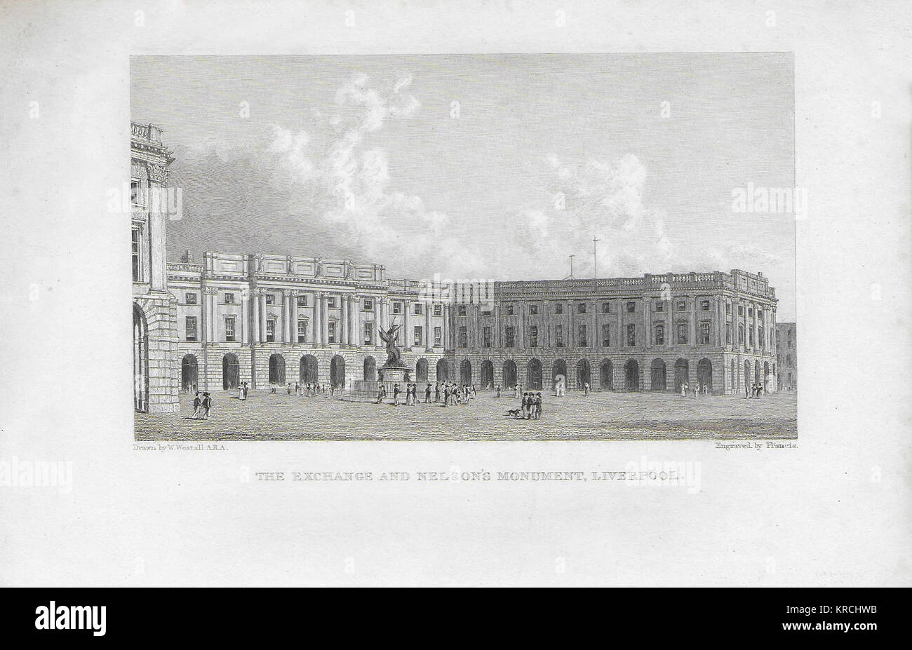 19. jahrhundert Kupferstich von 1829, den Austausch und die Nelson Denkmal, Liverpool, England, UK gezeichnet von W. Westall Stockfoto
