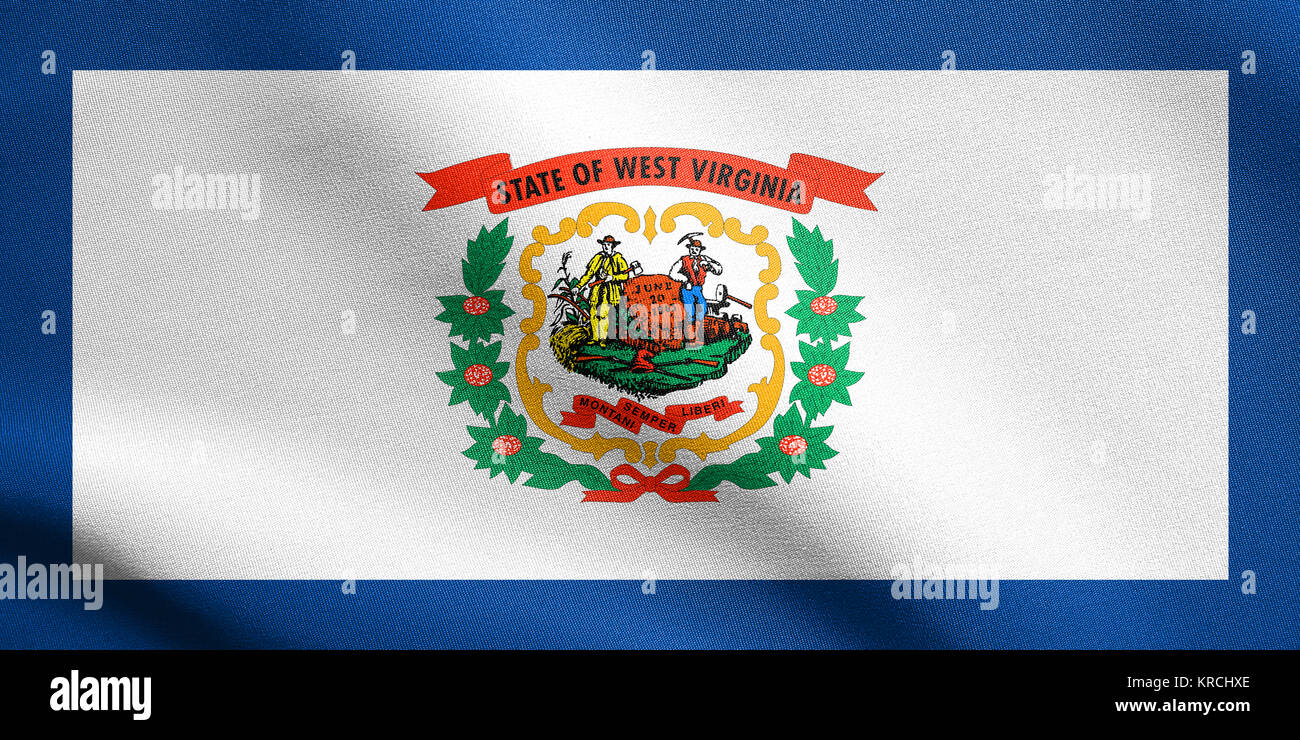 Flagge von West Virginia winken mit Stoff Textur Stockfoto