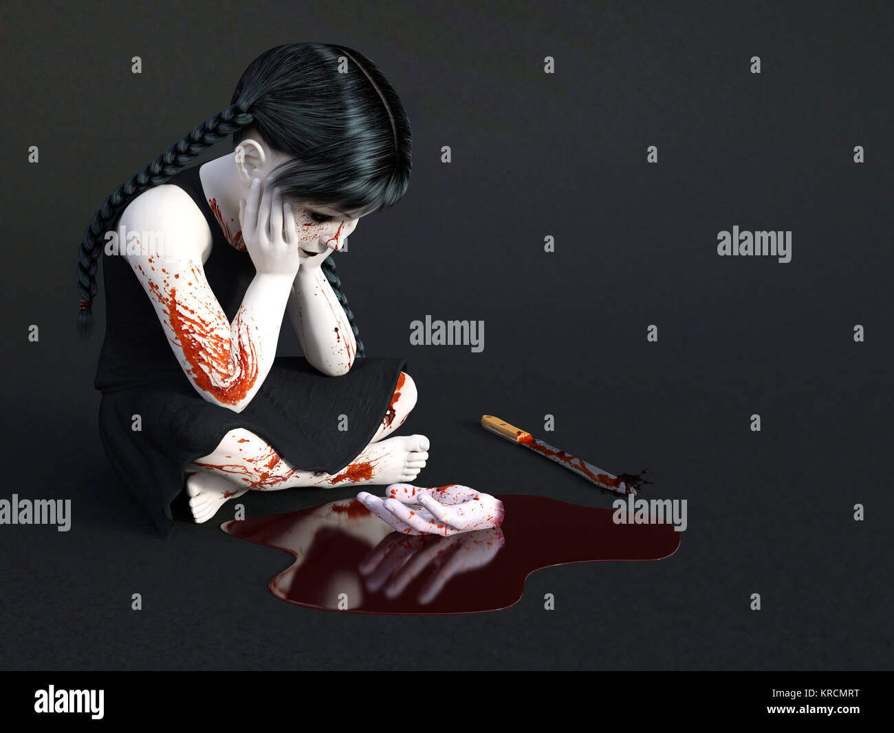 3D-Rendering für eine Blut bedeckt kleine Mädchen sitzen auf dem Boden. Stockfoto