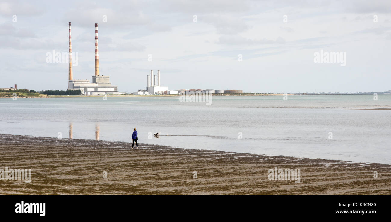 Eine Person und ihre Hund Spaziergang entlang Sandymount Strand Strand in der Bucht von Dublin, mit dem Wahrzeichen twin Schornsteine von poolbeg Power Station steigen in den distan Stockfoto