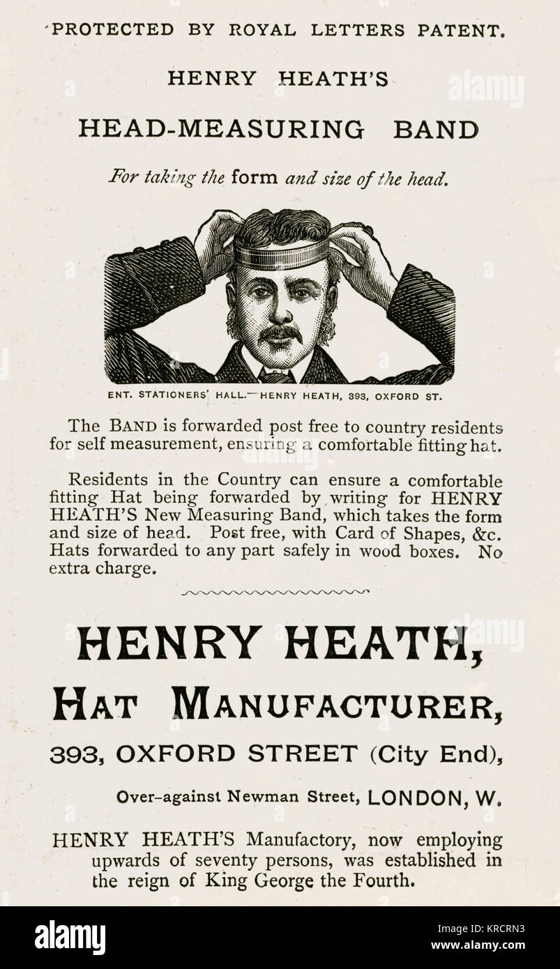 Anzeige für Kopfmessband für Hüte 1880 Stockfoto