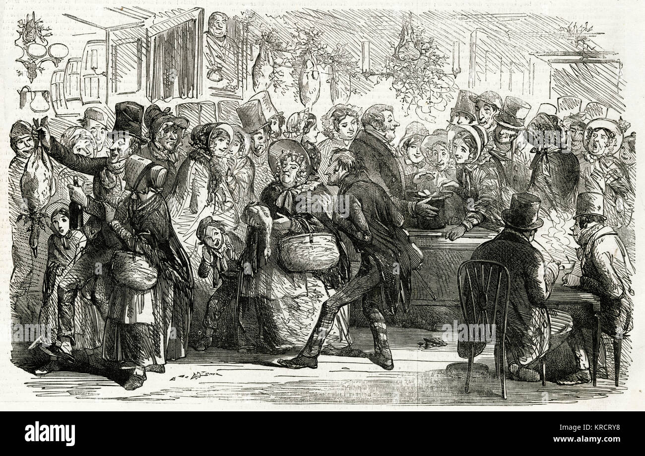"Goose Clubs in London", sixpence jeden Samstag Abend nach Löhne für zehn oder zwölf Wochen vor Weihnachten für eine Gans oder Truthahn und eine Flasche Geist, Haus am Weihnachtsabend durchgeführt werden. Einige der 'Goose Clubs", die in den ärmsten und am dichtesten besiedelten Bezirke von London im Überfluss benötigt eine geringe zusätzliche Zahlung, während es vielleicht mehr als zwei Flaschen auf der Packung in den Korb und garnieren die esculents im Ende 1853 Stockfoto