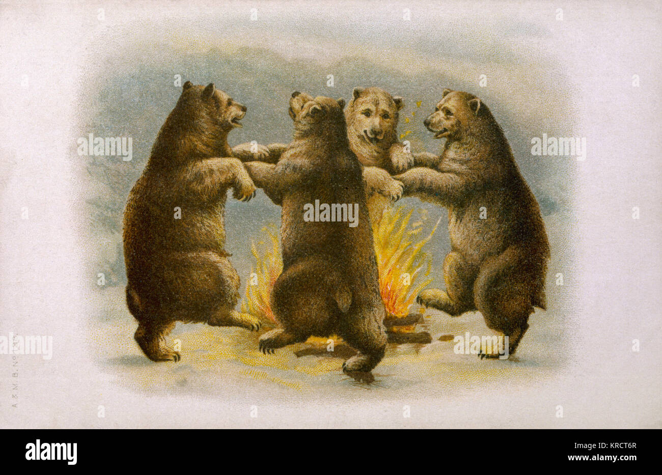 Vier Bären Tanz rund um ein Feuer in einem Kreis halten sich an den Händen. Stockfoto