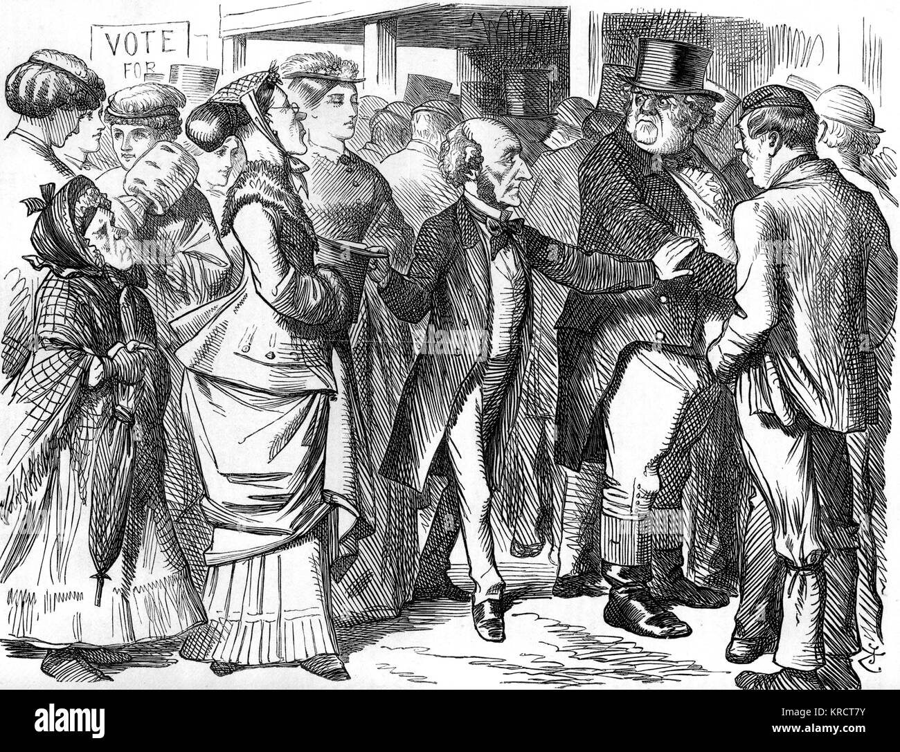 Punch Cartoon Darstellung", John Stuart's Mill Logik, Wahlrecht für Frauen; "Beten der Weg frei für diese Personen" Datum: 1867 Stockfoto
