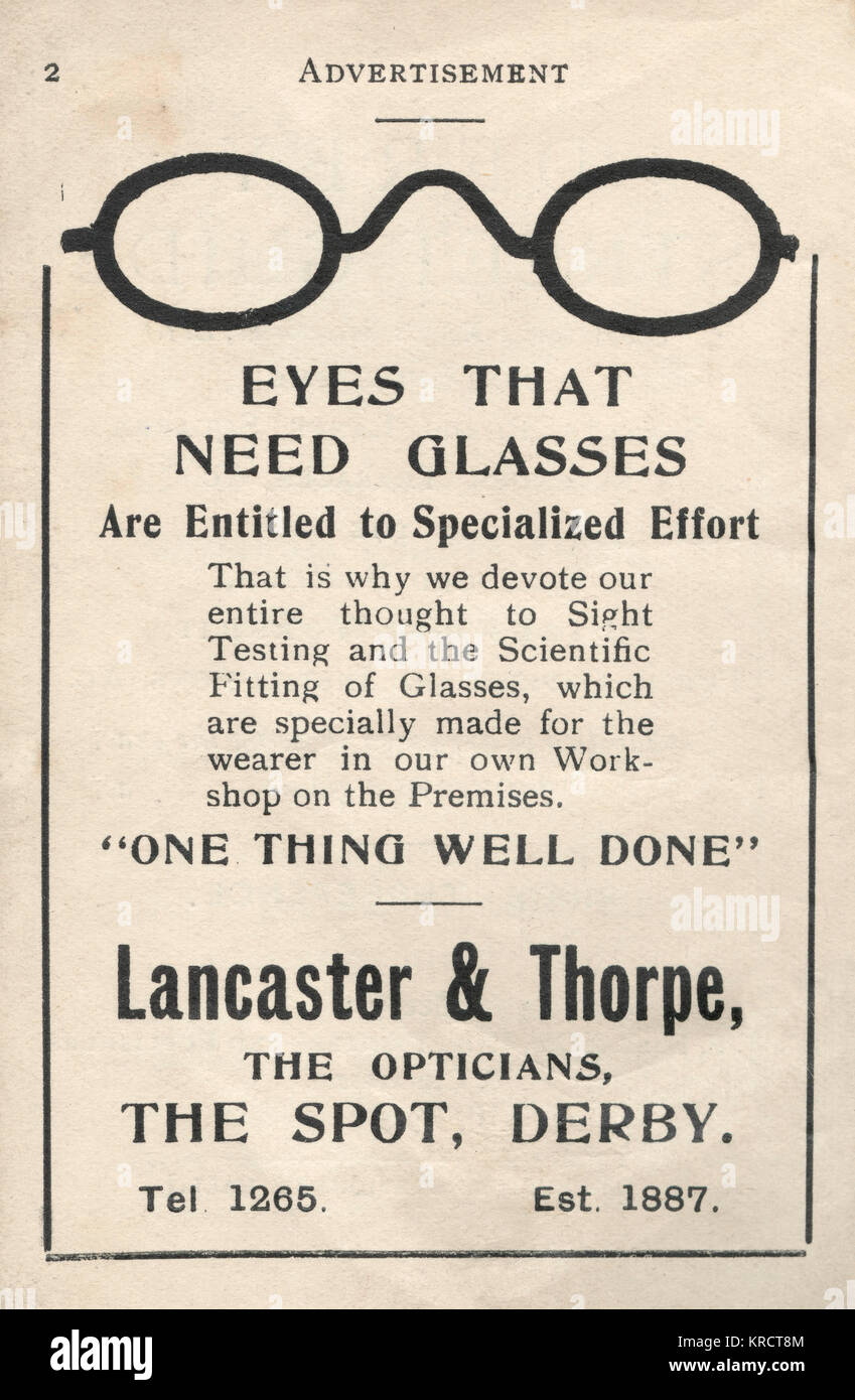 Werbung für Lancaster & Amp; Thorpe, der Augenoptiker, der Spot, Derby, mit Blick testen und die wissenschaftlichen Montage der Gläser. Datum: 1925 Stockfoto