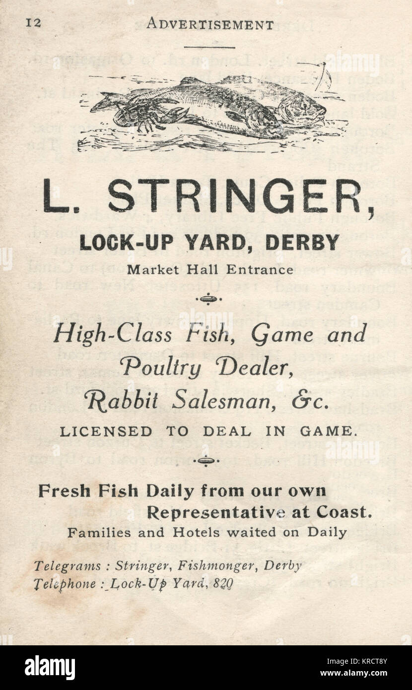 Werbung für L Stringer, Fisch-, Wild- und Geflügelhändler Stockfoto