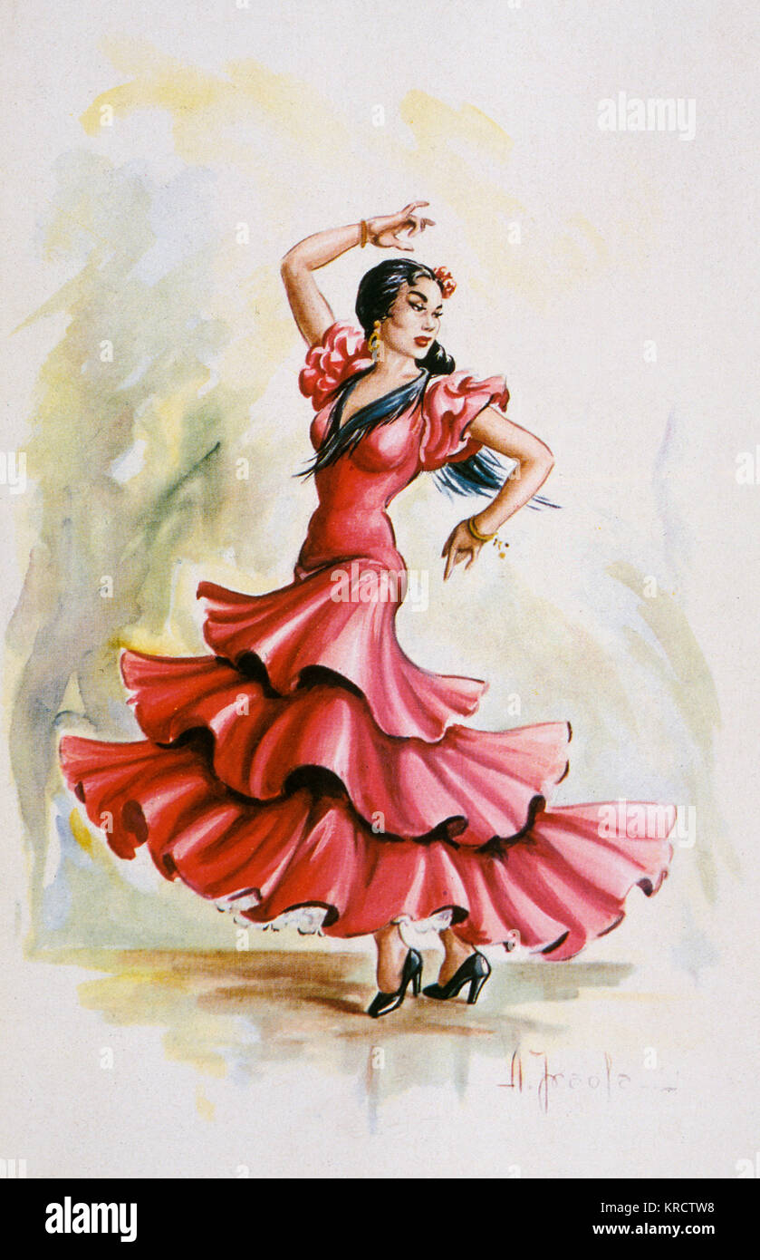 Eine Flamenco Tänzerin im roten Kleid Streiks eine dominierende darstellen. Stockfoto