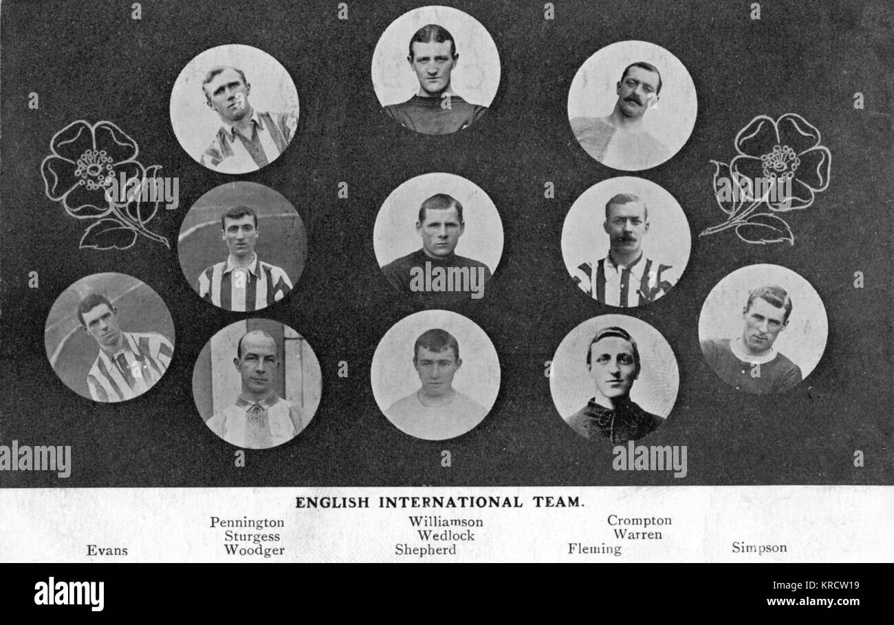Porträts der Englischen internationalen Fußball Mannschaft - Evans, Pennington, Sturgess, Woodger, Williamson, Trauung, Hirte, Crompton, Warren, Fleming und Simpson. Sie spielten die Irische Mannschaft am 11. Februar 1911 und gewann mit 2 zu 1. Datum: ca. 1911 Stockfoto