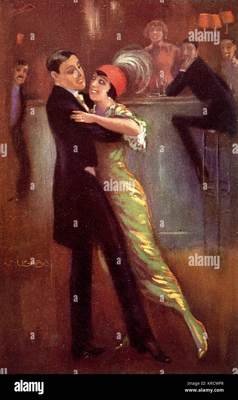 Ein paar Anzeige glänzende Zähne, da Sie den Tango zu bewundernde Kunden an der Bar. Datum: Um 1914 Stockfoto