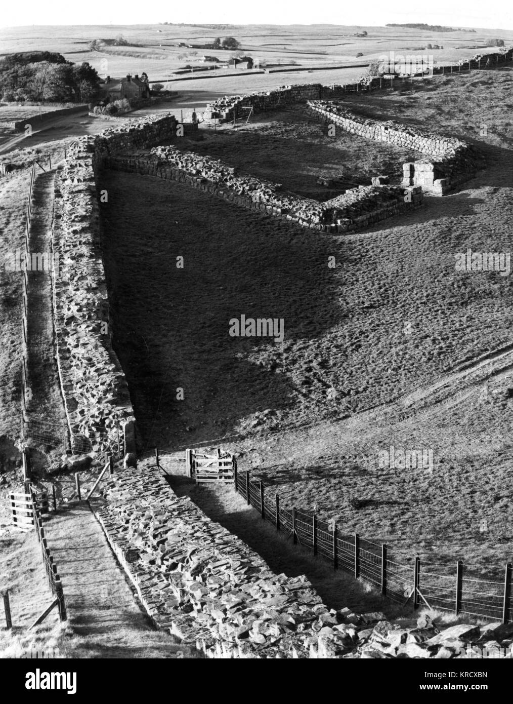 Ein gut erhaltener Abschnitt der Hadrian's Wall an Cawfield Crags, in der Nähe von Haltwhistle, Northumberland, mit den Ruinen der Haltwhistle-Milecastle, einem stationierenden Posten. Stockfoto