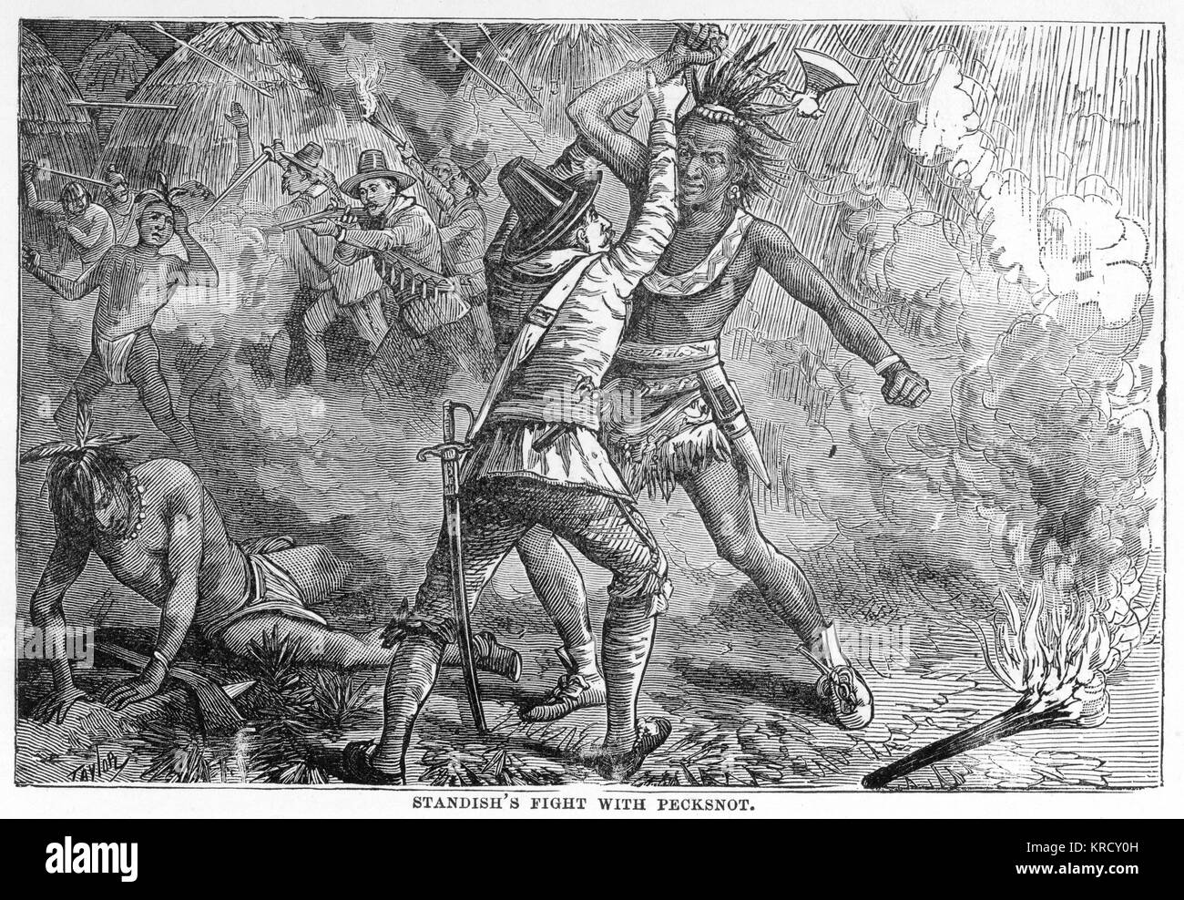 Miles Standish kämpfe Pecksnot, schienenbiegepressen die Waffe aus der Hand, Standish tötet ihn mit einem Schlag auf den Kopf. Datum: ca. 1620 Stockfoto