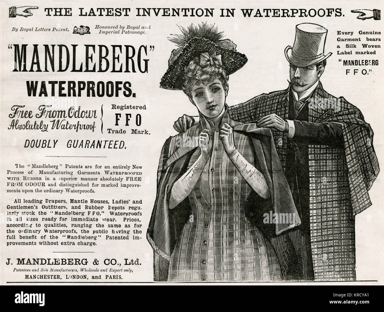 Anzeige für Mandleberg & Co. Waterproofs 1890 Stockfoto