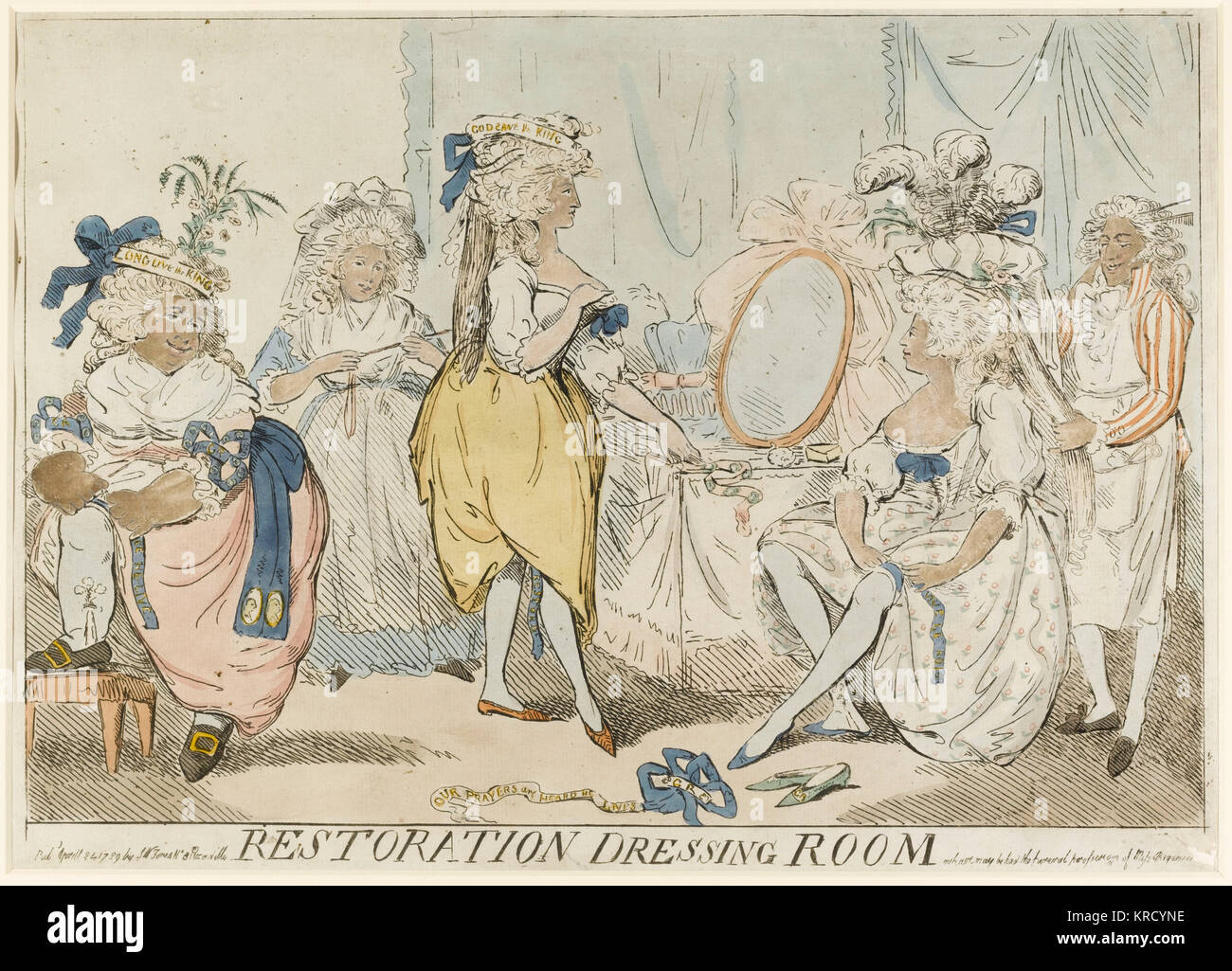 Satirische Karikatur, Restaurierung Ankleidezimmer. Drei Damen sich mit Embleme von Loyalität und Slogans, die plötzlichen König George III. Erholung von seiner Verrücktheit zu feiern schmücken, seine 'Wiederherstellung' und das Ende der Regentschaft. Der Druck war eindeutig bestimmt, prickelndes, mit einem patriotischen Fassade. Die Leitung weiß in der Hand - Färbung dieses Drucken hat oxidiert, so dass das Fleisch des Zahlen erscheint dunkel. Datum: 1789 Stockfoto
