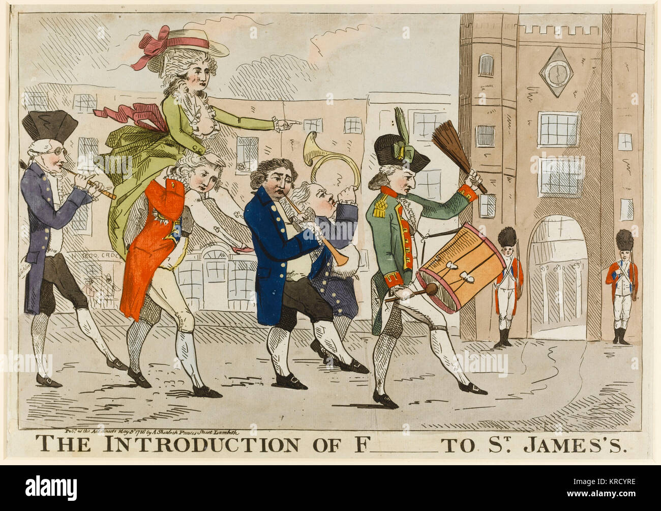 Satirische Karikatur, die Einführung von F         St. James's. Eine musikalische Prozession von George Aufhänger, mit Fox, Lord North und Edmund Burke an der Rückseite, Spaziergänge in Richtung Tor von St. James's Palace. Der Prinz von Wales auf seinen Schultern trägt eine d&#x98ef; llet&#x980d; rs Fitzherbert leitet ihn ab. Der Prinz ist als Werkzeug der Frau Fitzherbert mit der Opposition als Mittaeter ihrer Ehe vertreten. Datum: 1786 Stockfoto