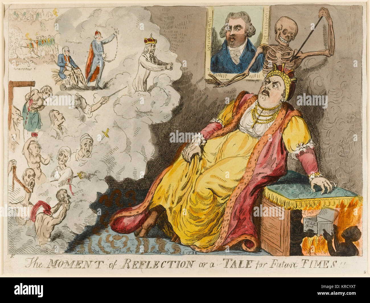 Satirische Karikatur, der Moment der Reflexion oder eine Geschichte für künftige Zeiten. Katharina II. von Russland, starb am 17. November 1796. Tod Stiele hinter ihr, als sie durch ihre Verbrechen konfrontiert wird. Sie schrumpft zurück aus waberndem Rauch, eindringliche Szenen aus ihrer Vergangenheit, der Schlachtung, Folter und Hinrichtungen, ihren ermordeten Mann, der Vernichtung von Polen, die Gefangenen Thaddeus Kosciuszko. Sie Verschlüsse ihr Kleid, die gespaltene Hufe unter. In einer Brust sind zwei grinsenden Dämonen unter Feuer in der Hölle mit einem Sarg eingeschrieben' für Kates Geist'. Datum: 1796 Stockfoto