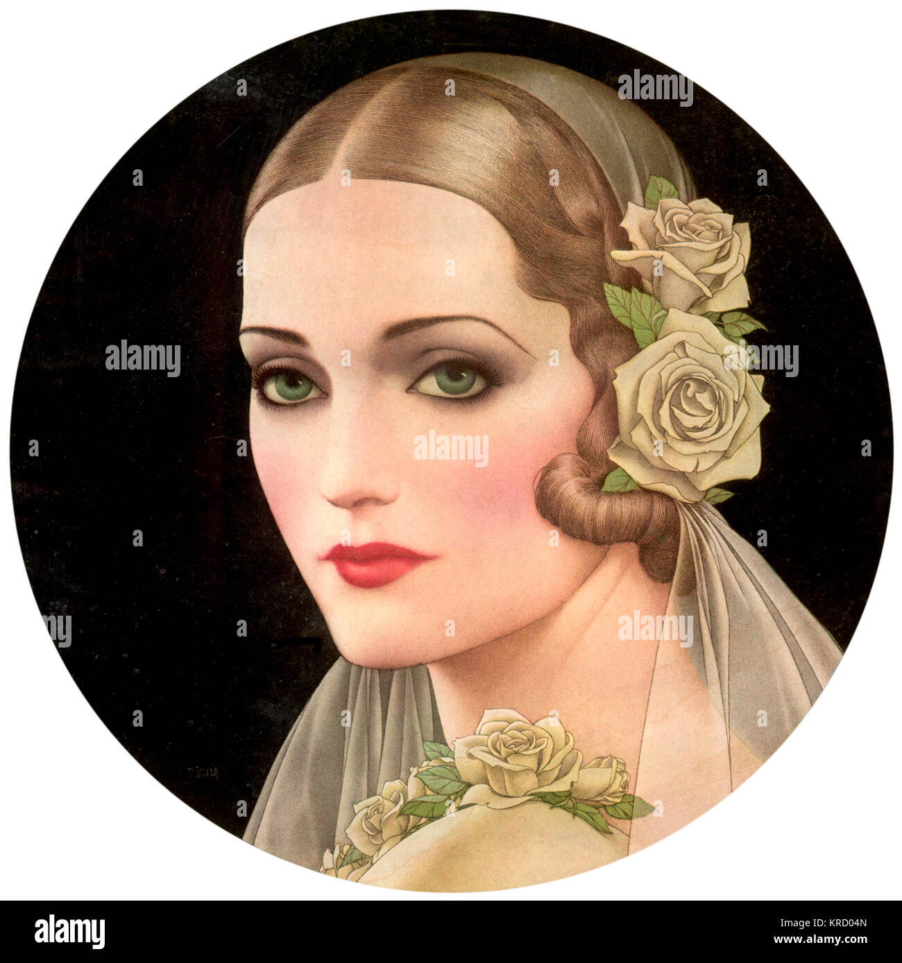 Eine schöne Blondine, grünäugige Braut für 1931 das Tragen eines Schleiers und bekleidet mit weißen Rosen getrimmt. Datum: Juni 1931 Stockfoto