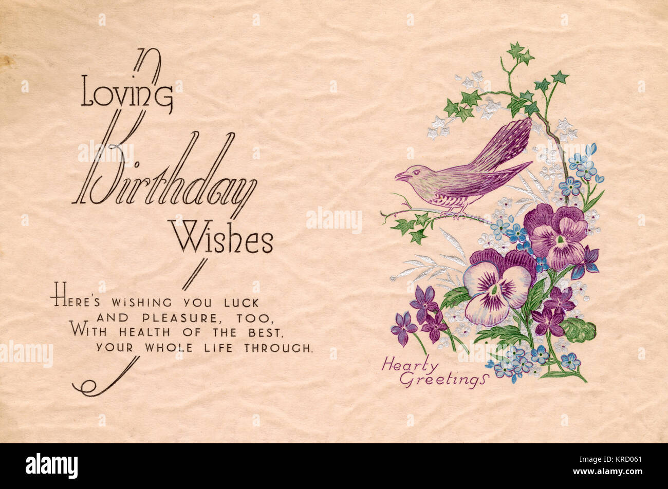 Geburtstagskarte mit Vogel und Blumen Stockfoto