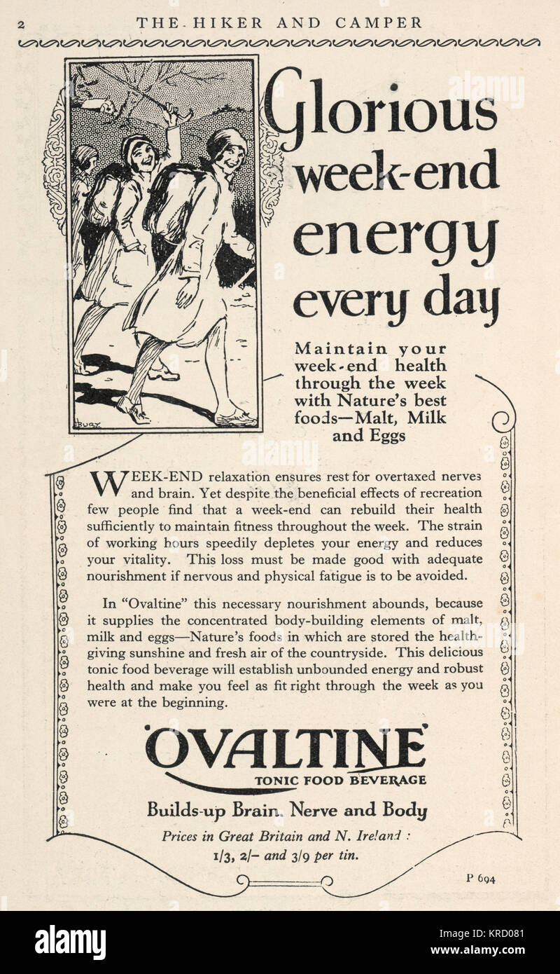 Werbung für Ovomaltine, die 'aufbaut, Gehirn, Nerven- und Körper". Datum: März 1931 Stockfoto