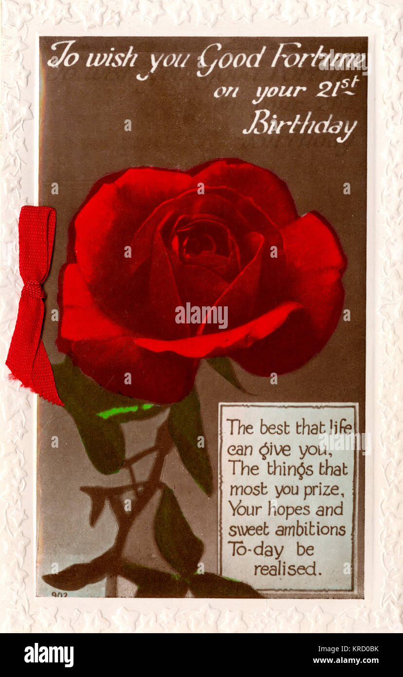 21. Geburtstagskarte mit einer einzelnen roten Rose Stockfoto