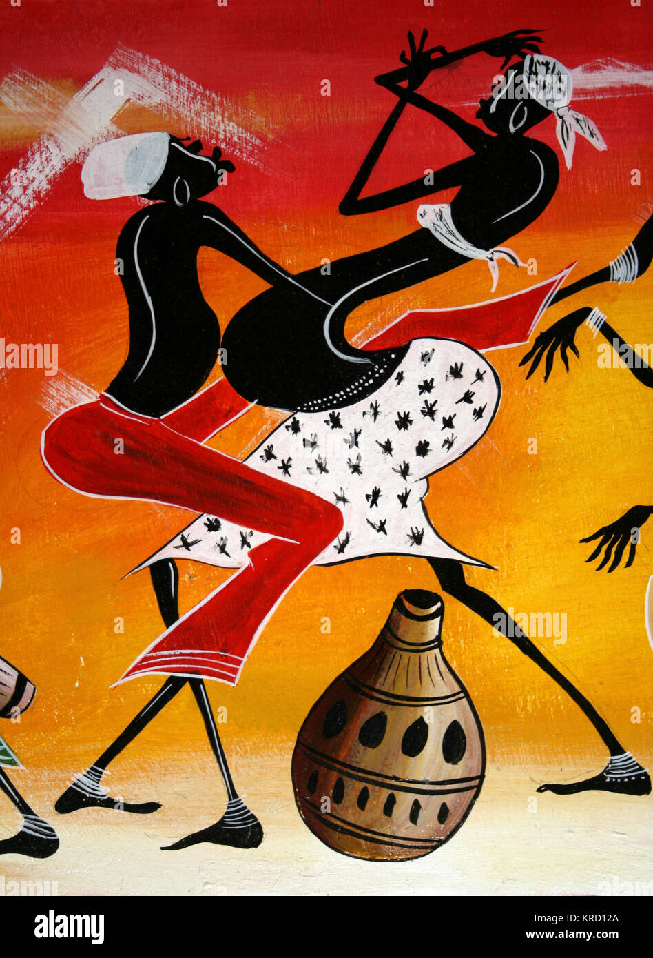 Zeitgenössische Malerei aus Tansania mit Tribal Tanzen Stockfoto