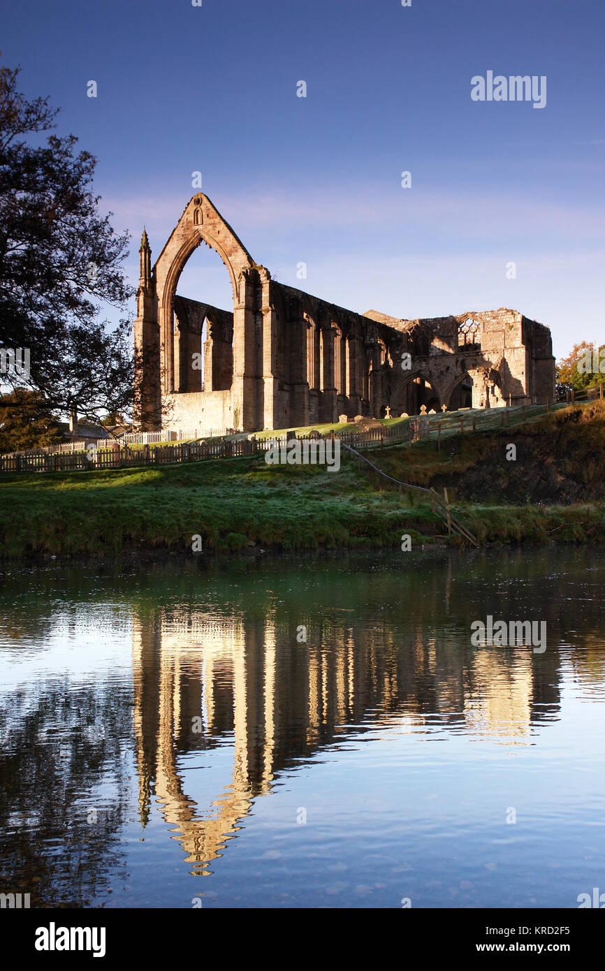 Bolton Abbey, in den Yorkshire Dales. Es wurde 1151 durch den Augustinischen Orden am Ufer der Flussküste gegründet. Hier von der anderen Seite des Flusses aus gesehen. Stockfoto