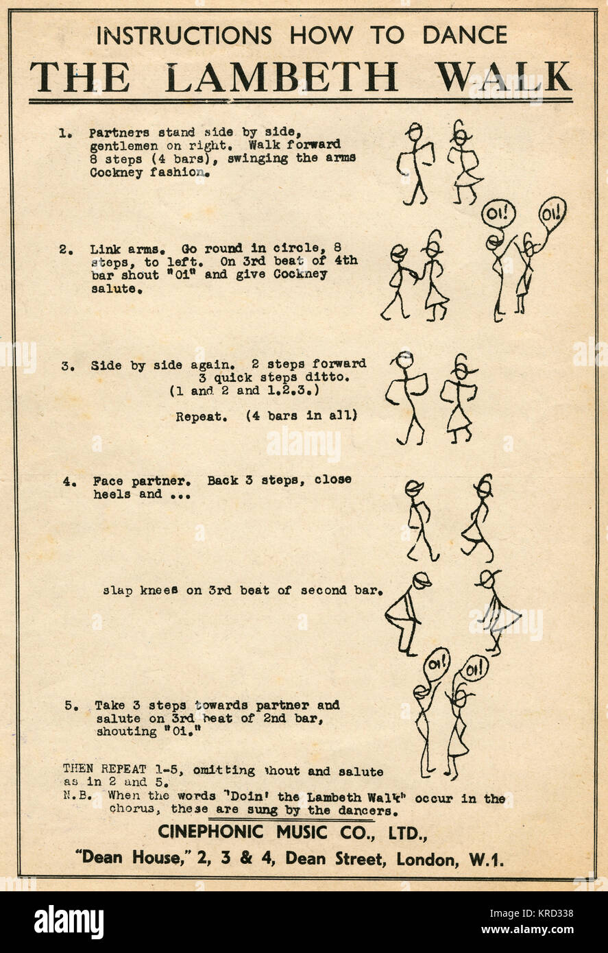 Typ - schriftliche Anweisungen zum Tanz der Lambeth Walk, eine fröhliche Cockney musikalische Nummer wie in der Arthur Rose und Douglas Furber das Musical 'Me und mein Mädchen". Datum: 1937 Stockfoto