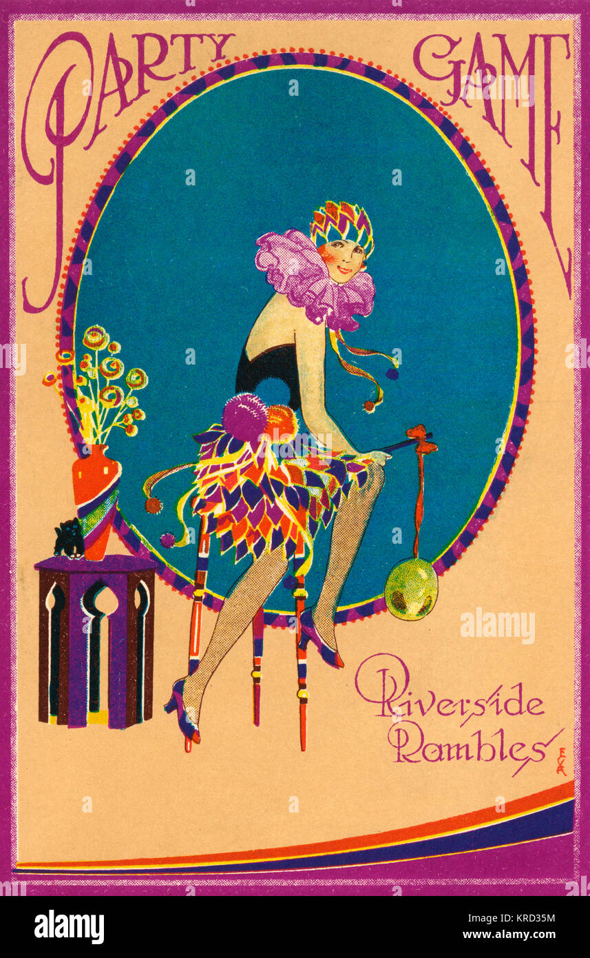 Abdeckung Einer Partei Spiel Karte Aus Den 1920er Jahren Mit Einem Flapper Girl In Einem Harlekin Stil Kostum Kostum Mit Einem Ballon Auf Einem Band Datum C 1925 Stockfotografie Alamy