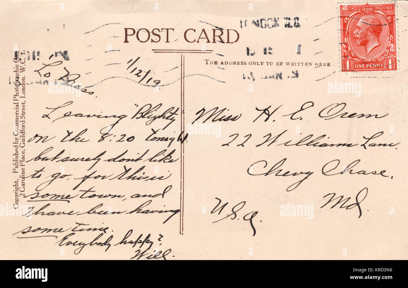 Rückseite einer Postkarte, geschrieben von einem amerikanischen Soldaten in London, WW1 Stockfoto