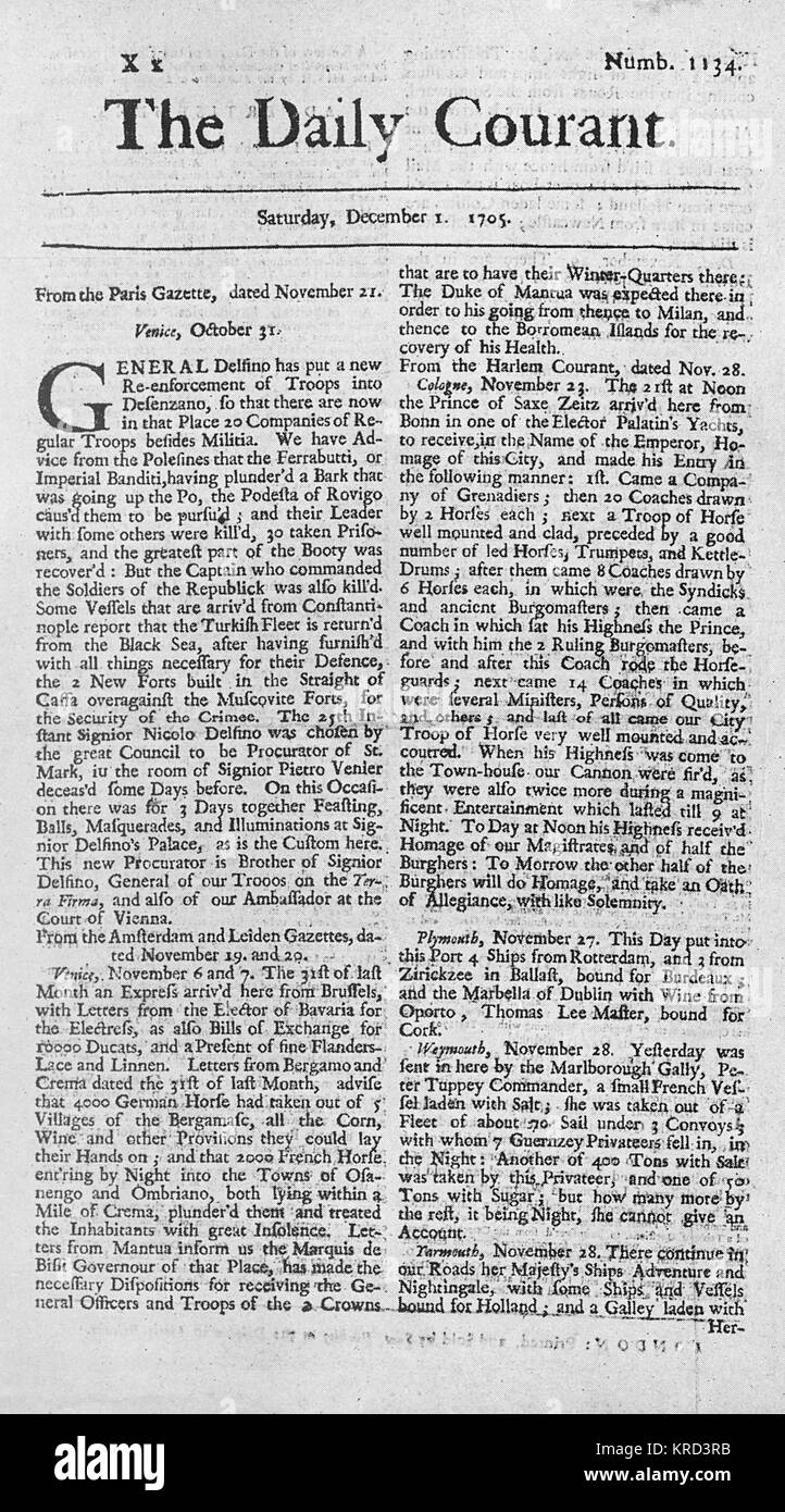 Titelseite der Daily Courant, die erste Tageszeitung. Das Papier begann im Jahre 1702 und war zunächst ein einzelnes Blatt auf einer Seite gedruckt. Diese Kopie drei Jahre später ist auf beiden Seiten bedruckt. Datum: 1705 Stockfoto
