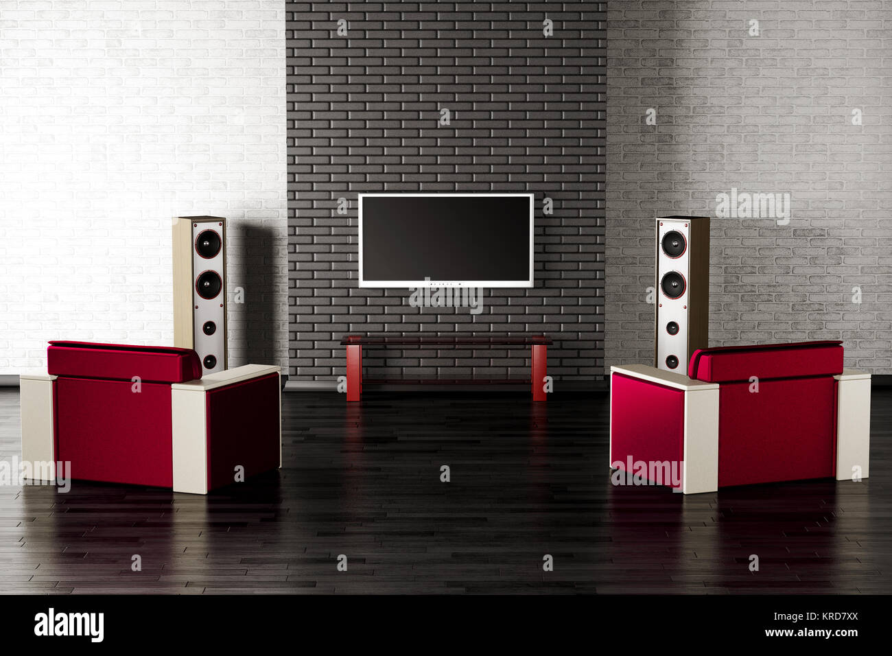 Wohnzimmer mit TV, zwei Sesseln und Lautsprecher 3d Stockfoto