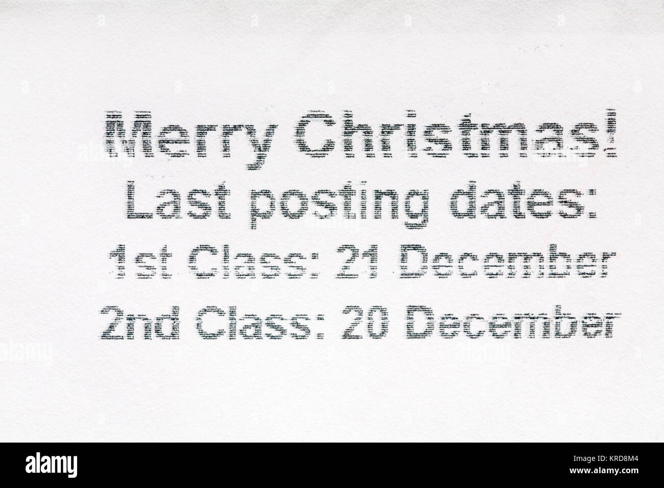 Letzter Beitrag Termine für Weihnachten Informationen auf Umschlag Stockfoto