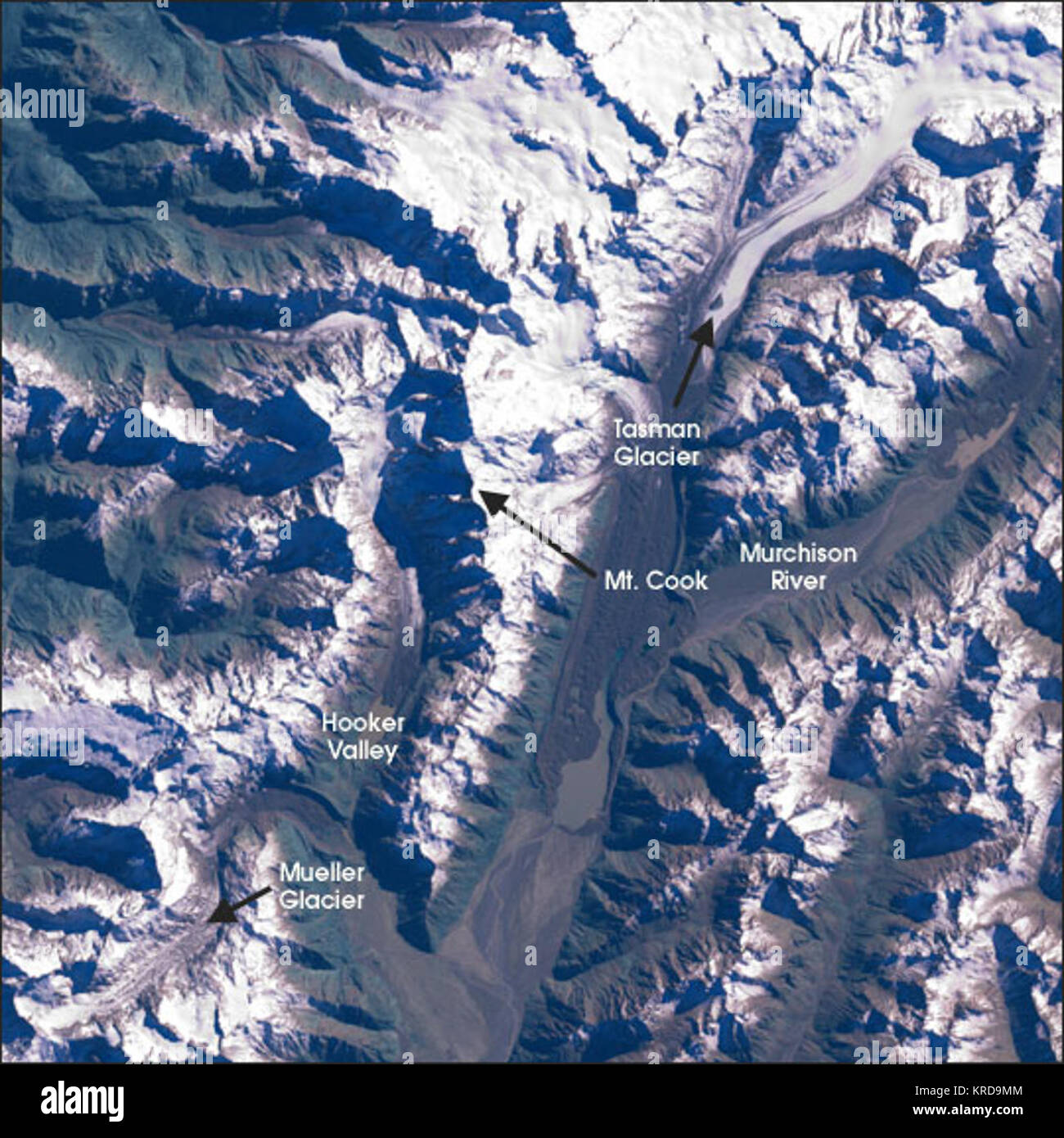 Landsat Mt Cook Region Nahaufnahme Stockfoto