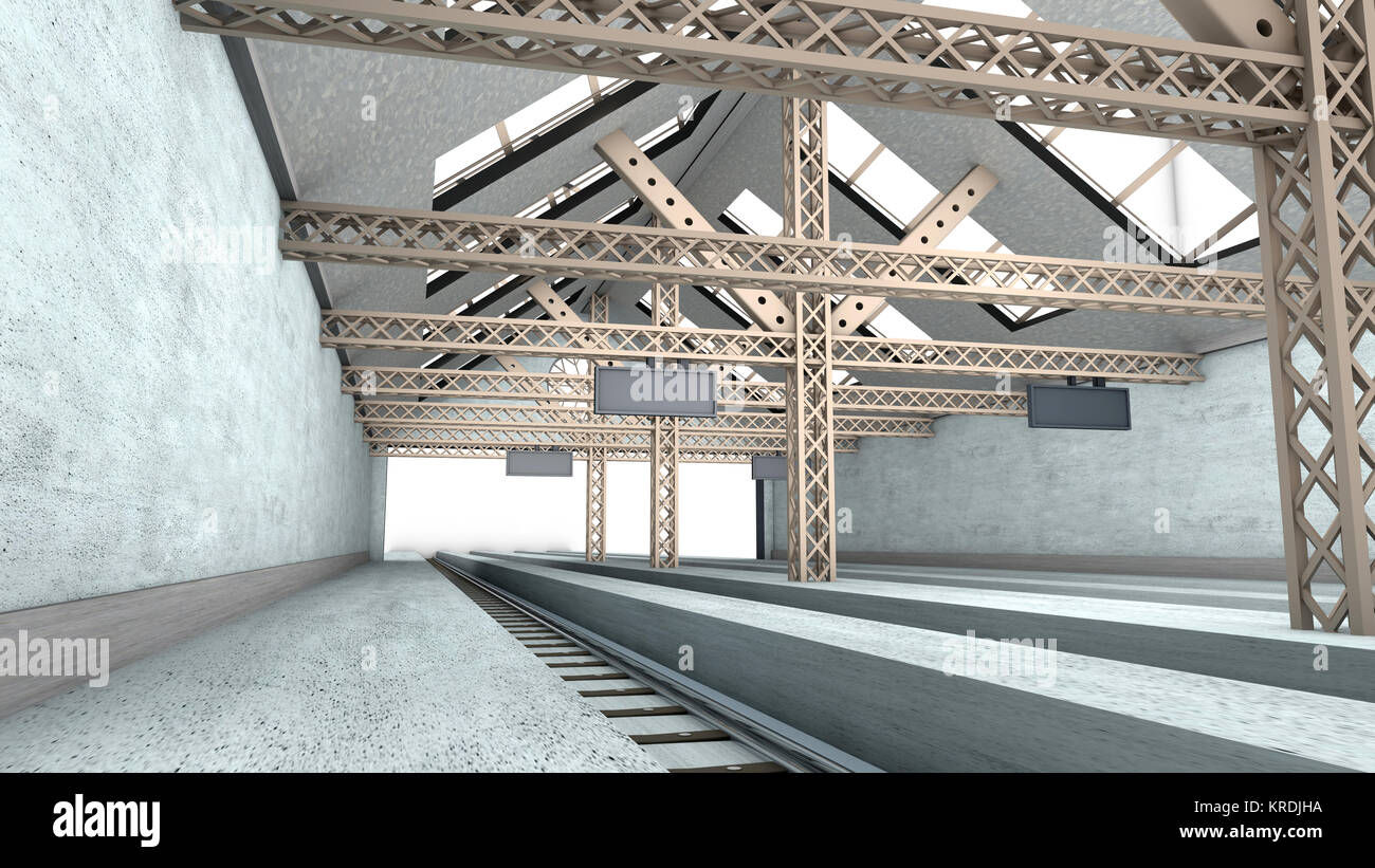 3D-gerenderte Innenraum Visualisierung einer reichlich antiken Bahnhof ...