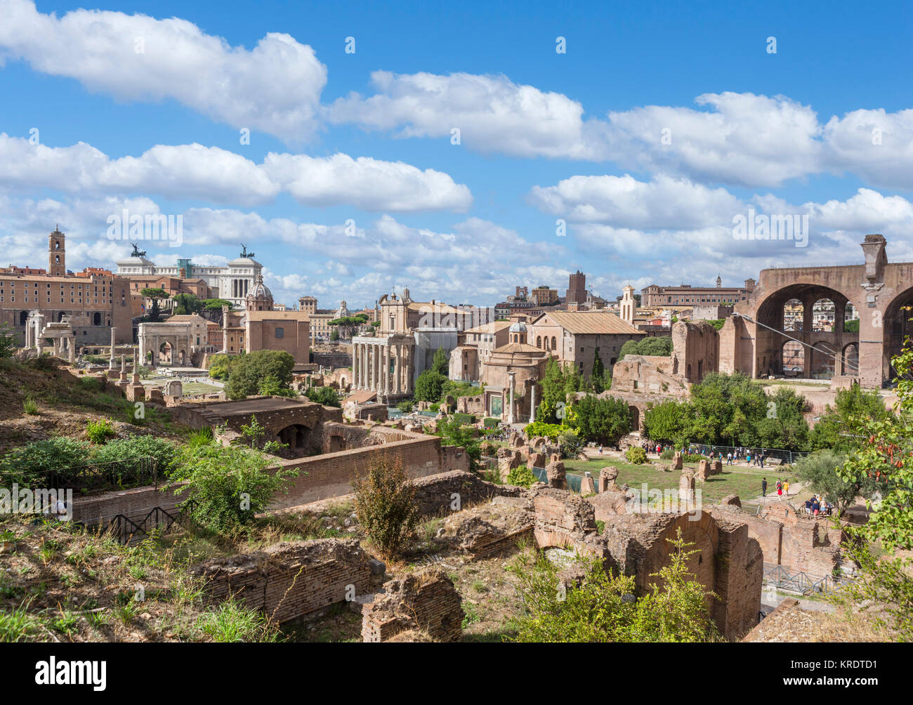 Rom, Forum. Blick vom Palatin über die antiken Ruinen des Forum Romanum (Foro Romano), Rom, Italien Stockfoto