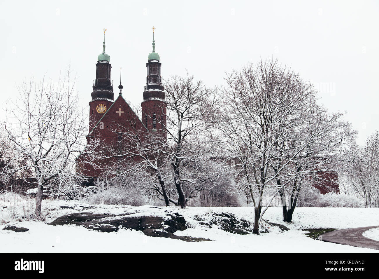 Högalid Kirche und es ist Schnee bedeckt die Landschaft Stockfoto