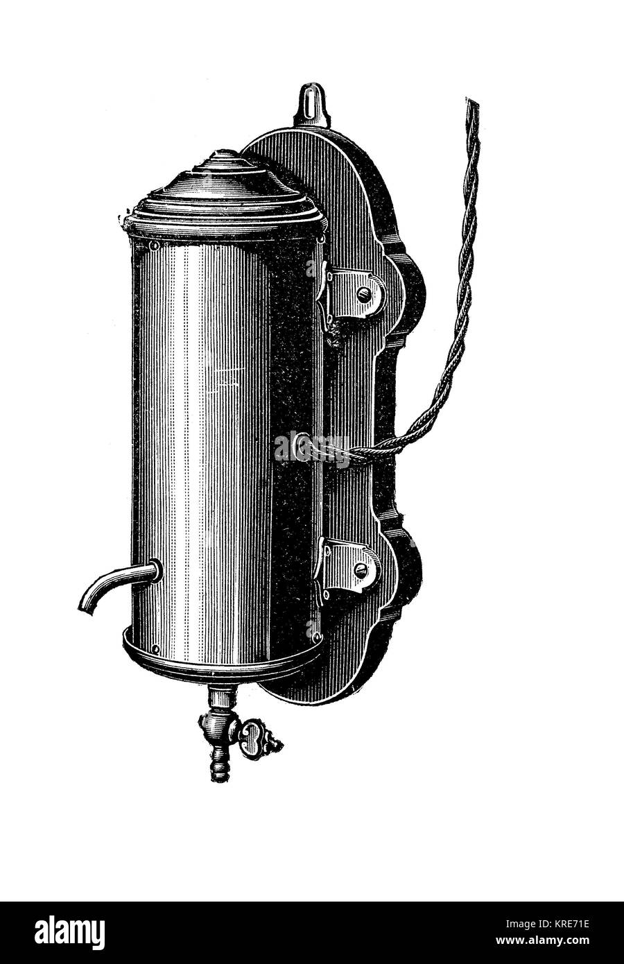 Wasser Heizung, elektrische Apparate für Heizung Wasser vom öffentlichen Stromversorger, Berlin, Deutschland, Industrie Produkt aus dem Jahr 1880, digita Stockfoto