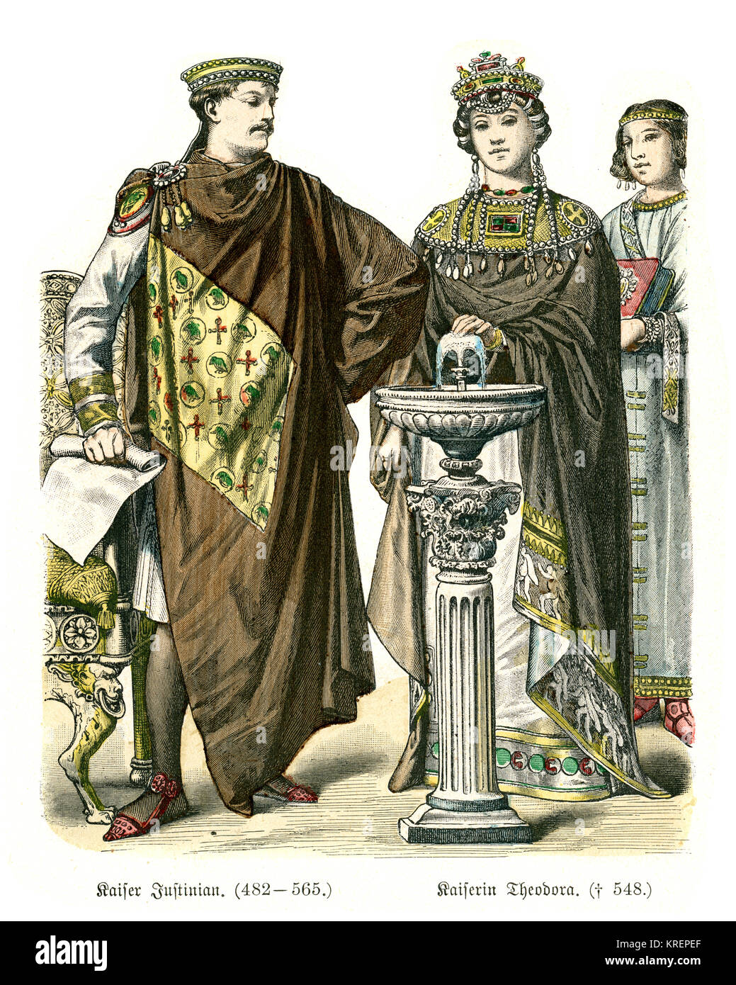 Jahrgang der Gravur des Byzantinischen Reiches, Kaiser Justinian I. und Kaiserin Theodora, 6. Stockfoto