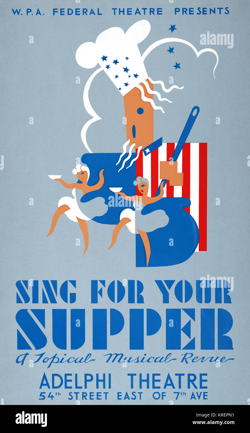 'Poster für Federal Theatre Project Präsentation der ''Sing für ihr Abendessen'' im Adelphi Theatre, die 54th Street östlich der 7th Ave., New York City, ein Koch mit zwei Tänzern." Stockfoto