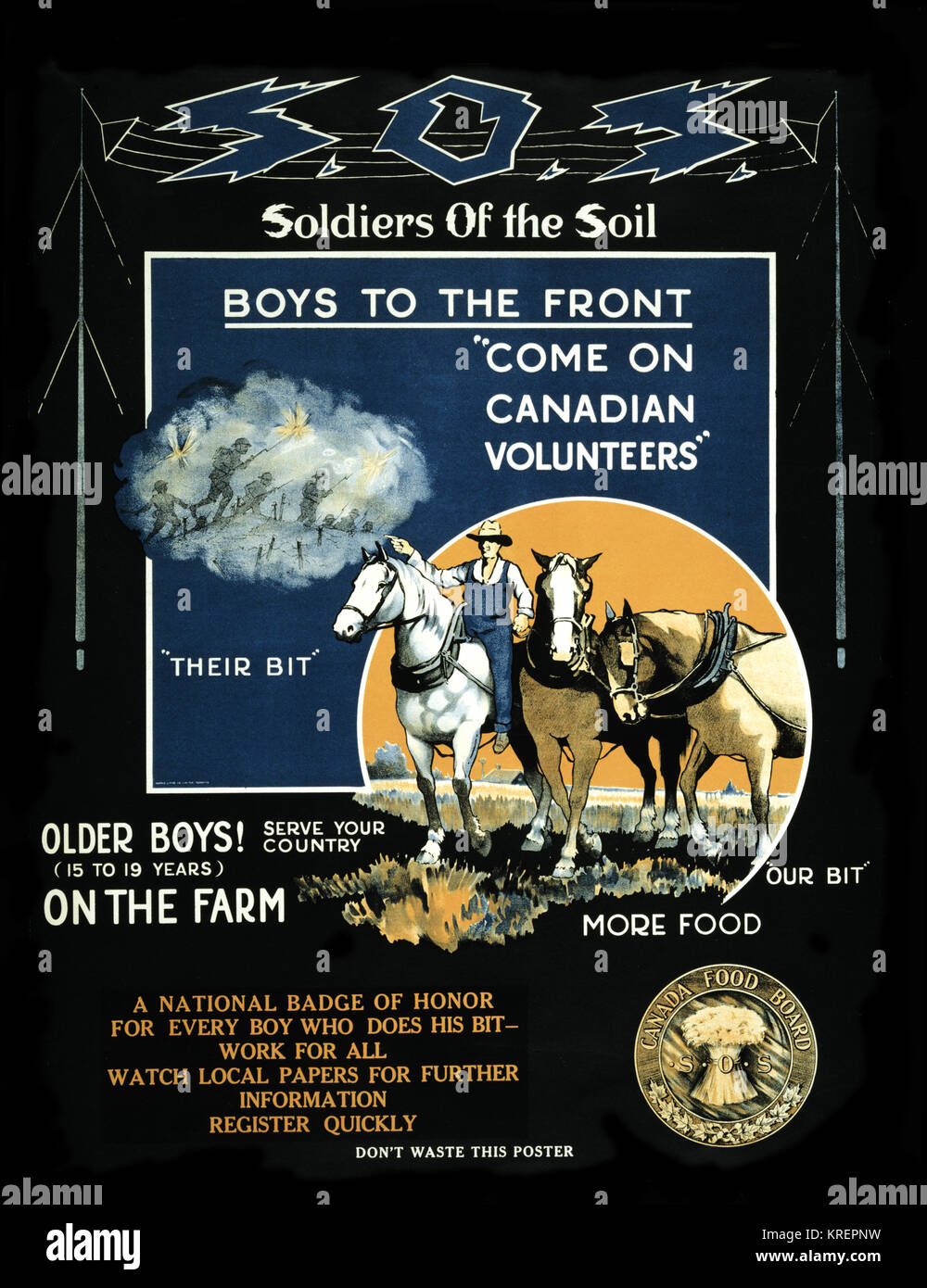 Plakat zeigt ein Landwirt auf einem Pferd, die zwei Pferde zeigen und zu Vignette mit Soldaten in der Schlacht Pflug. Text ermutigt Junge im Alter zwischen 15 und 19 für die Soldaten des Bodens Programm zu erbieten. Stockfoto