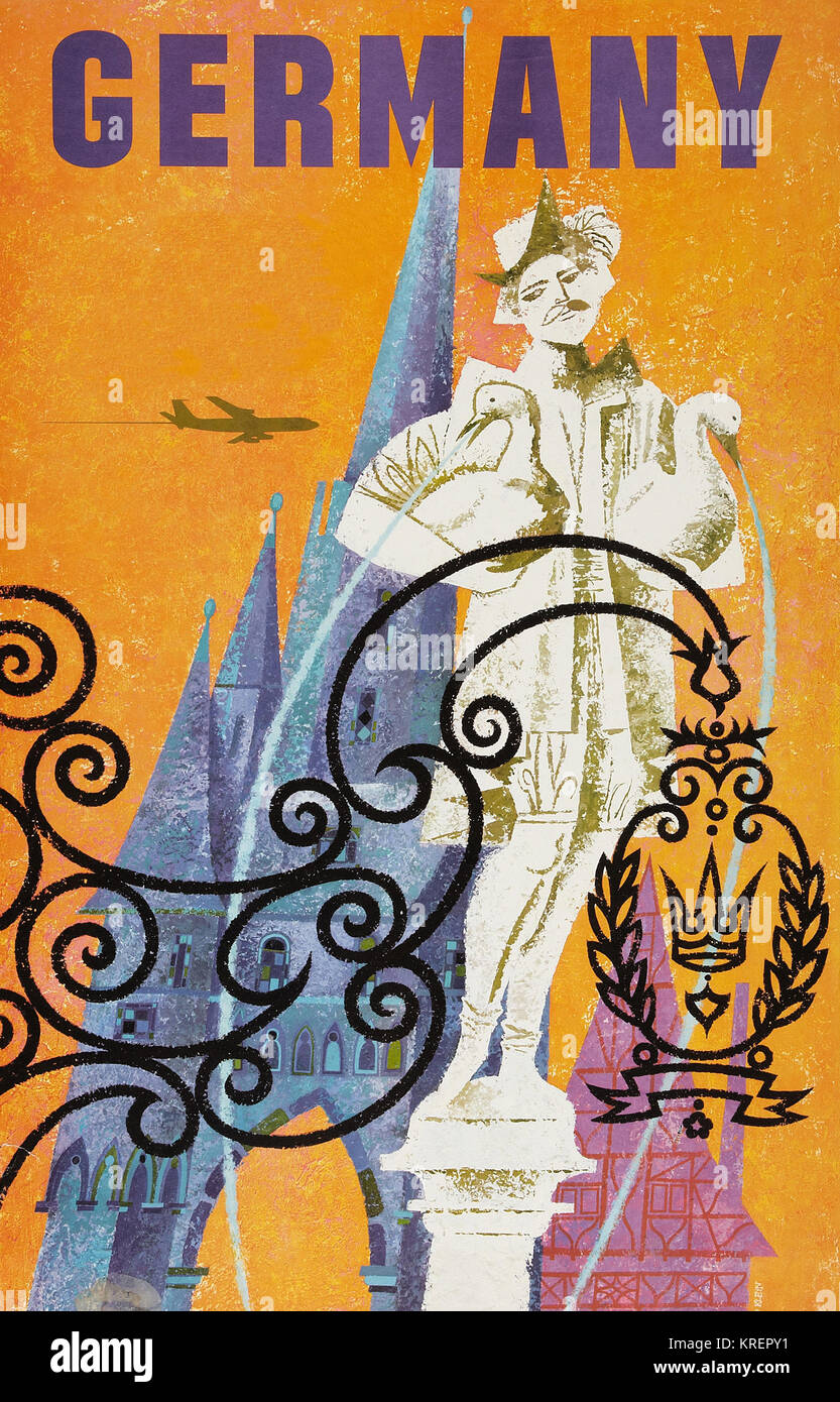 "Die Blütezeit der Fluggesellschaft reisen der 50er und 60er Jahre in einer Reihe von travel Poster wurden Reisende zu exotischen Reisezielen zu verleiten. Dies ist eine Reihe von Plakaten aus einer untergegangenen Airline. David Klein, der Künstler, der dieses große Plakat mit der Darstellung der sagenumwobenen Gans Mann von Nürnberg ist am besten für die Reisen Werbung er für Howard Hughes und Trans World Airlines während der 1950 erstellten s und 60 s erinnert." Stockfoto
