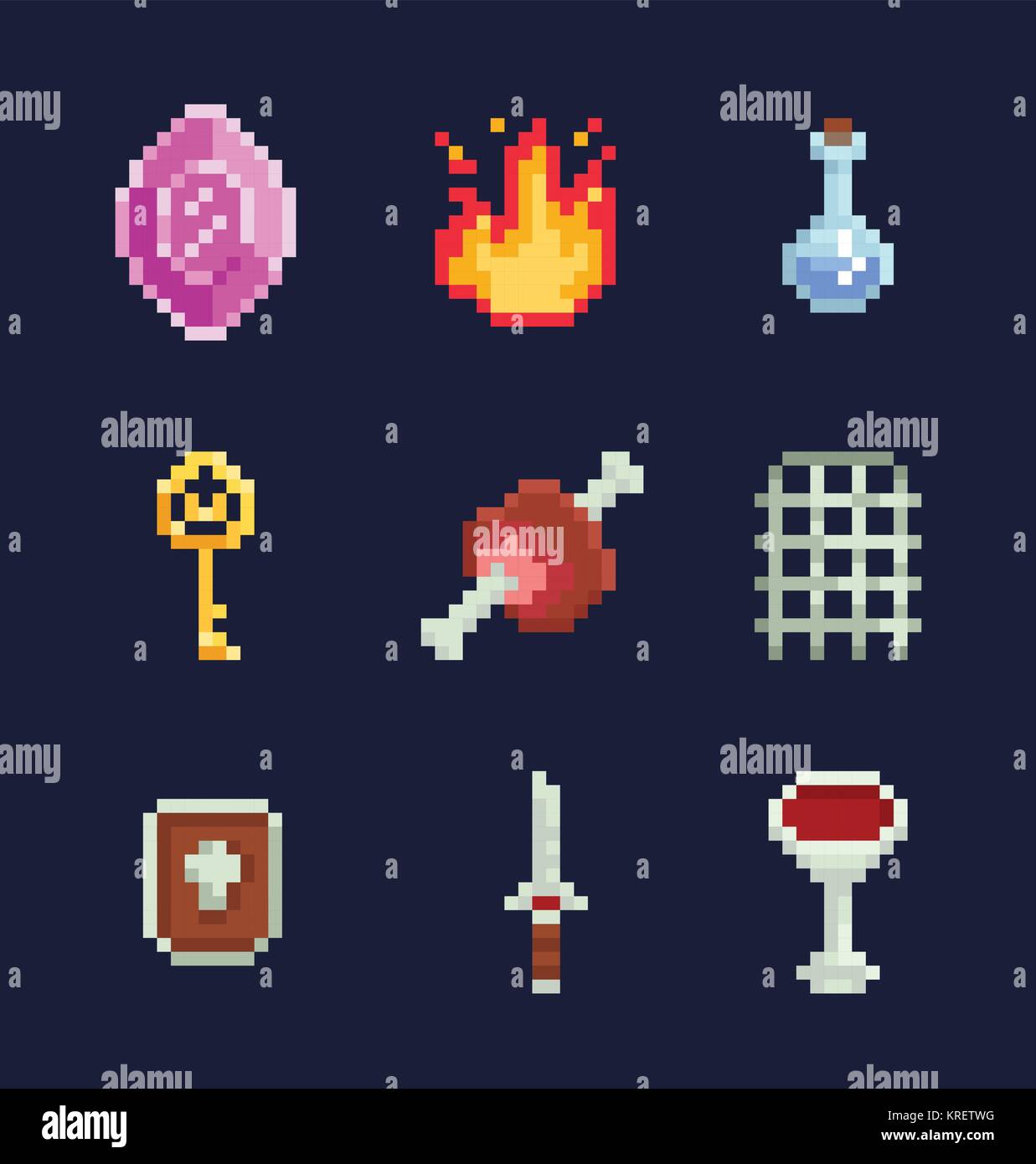 Vektor pixel Art Illustration isons für Fantasy Adventure Game Development, Gem, Feuer, trank, Schlüssel, Fleisch, Tor, Schild, Schwert, Schüssel Stock Vektor