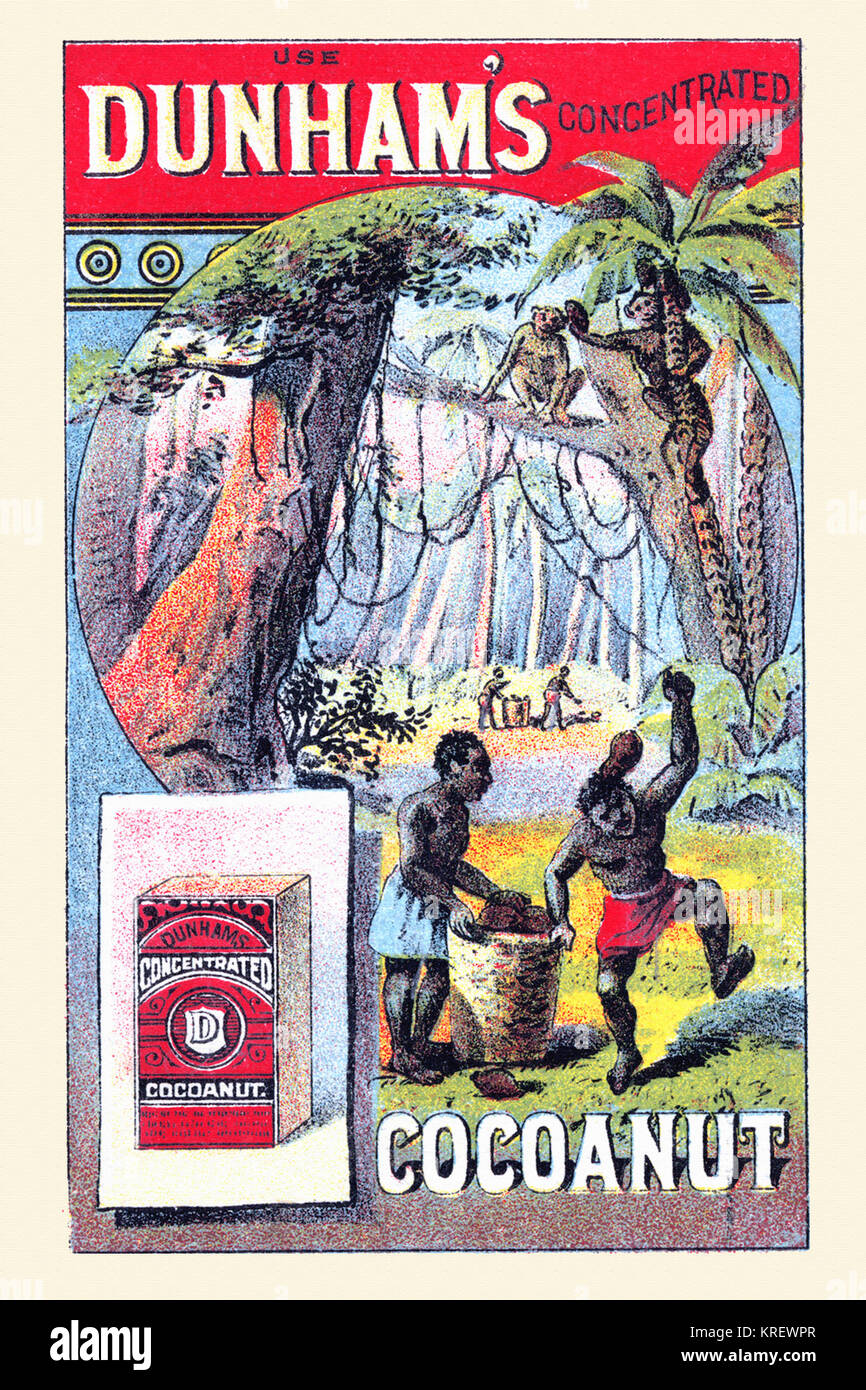 'Victorian Handel Karte für Dunham's Cocoanut. In St. Louis. Die humorvolle Szene ist der Männer sammeln Muttern wie Affen die cocoanuts auf Sie werfen, schlagen." Stockfoto