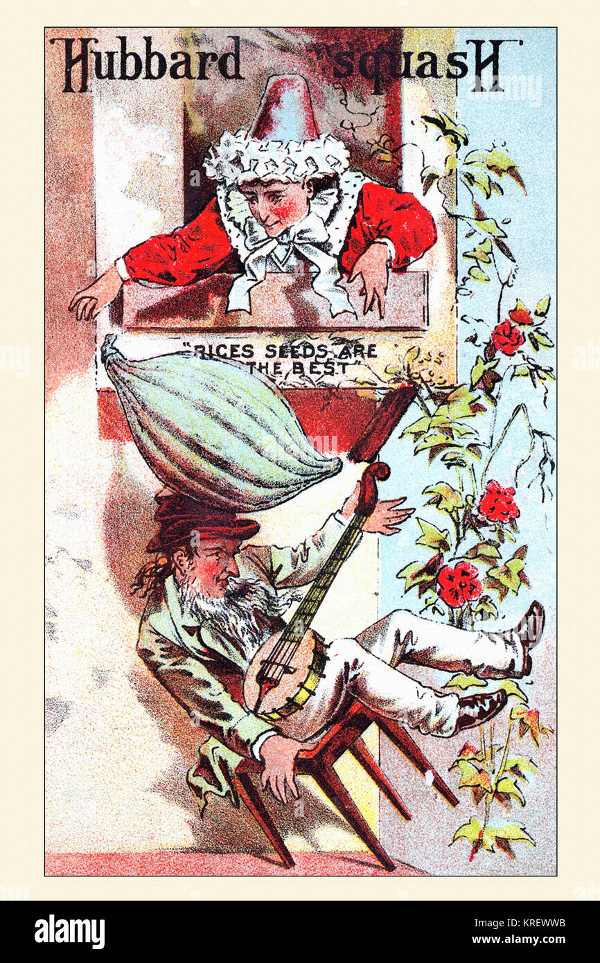 'Victorian Handel Karte für einen Seed Company. Die ''Rices Samen sind der Beste'' wird vermittelt durch eine enorme Squash durch ein Haus Frau gefallen wird an einem faulen Mann das Banjo zu spielen." Stockfoto